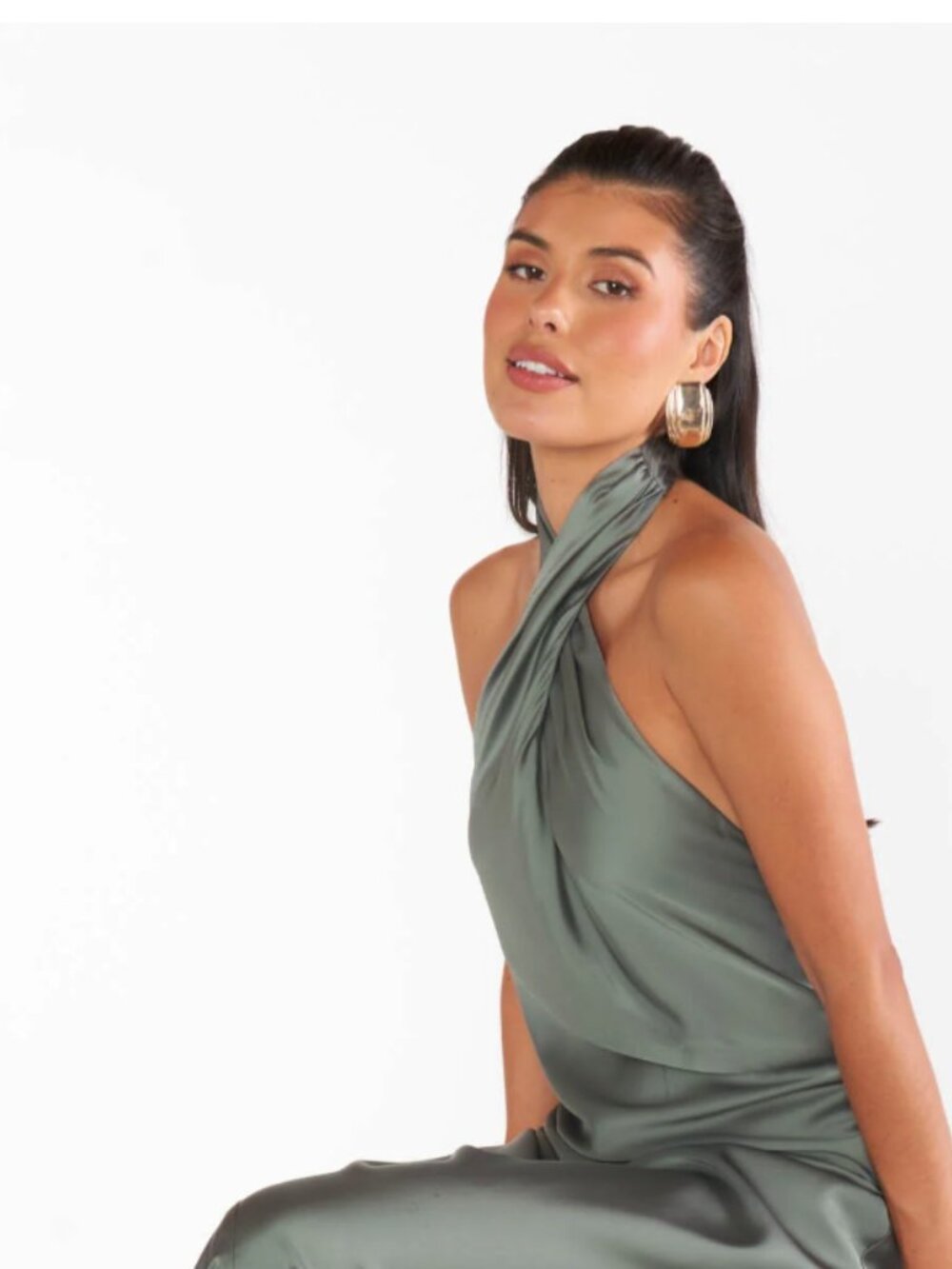 Satin Halter Neck Slip Dress in Olive Green